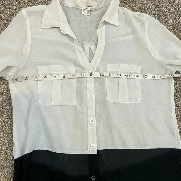 SANS SOUCI BKACK ABD WHITE SHEER BLOUSE BUTTON UP LONG SLEEVE SIZE SMALL - Picture 6 of 8